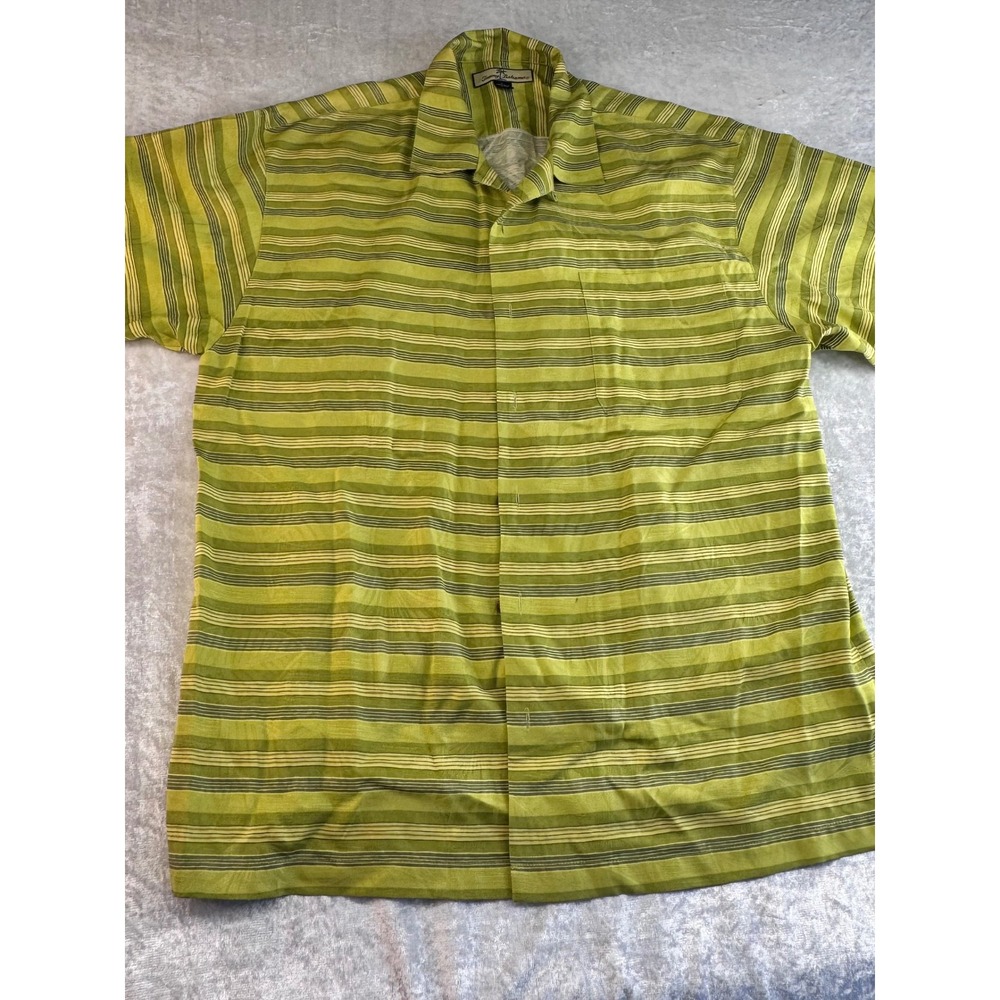 Tommy Bahama Silk Button‎ Down Shirt Mens L Green Striped Short Sleeve